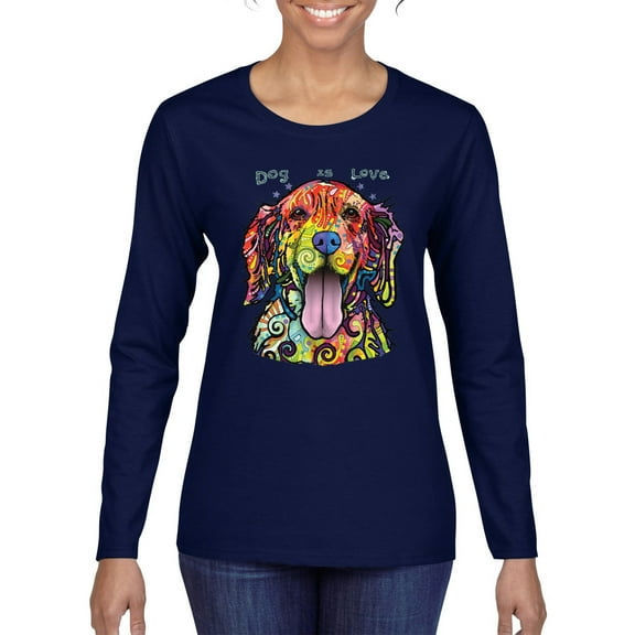 Wild Bobby Dean Russo Golden Retriever Is Love Dog Is Love Dog Lover Women Graphic Long Sleeve Tee, Navy, XX-Large