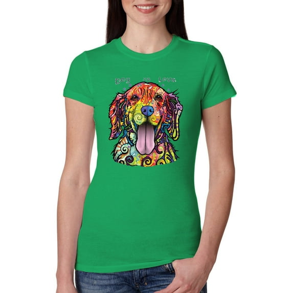 Wild Bobby Dean Russo Golden Retriever Is Love Dog Is Love Dog Lover Women Slim Fit Junior Tee, Kelly, X-Large