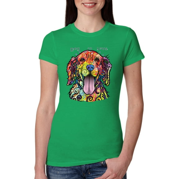 Wild Bobby Dean Russo Golden Retriever Is Love Dog Is Love Dog Lover Women Slim Fit Junior Tee, Kelly, X-Large