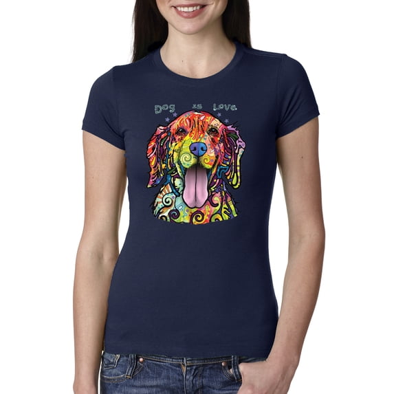 Wild Bobby Dean Russo Golden Retriever Is Love Dog Is Love Dog Lover Women Slim Fit Junior Tee, Navy, X-Large