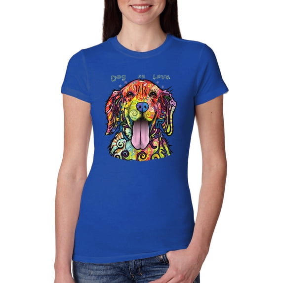 Wild Bobby Dean Russo Golden Retriever Is Love Dog Is Love Dog Lover Women Slim Fit Junior Tee, Royal, Medium