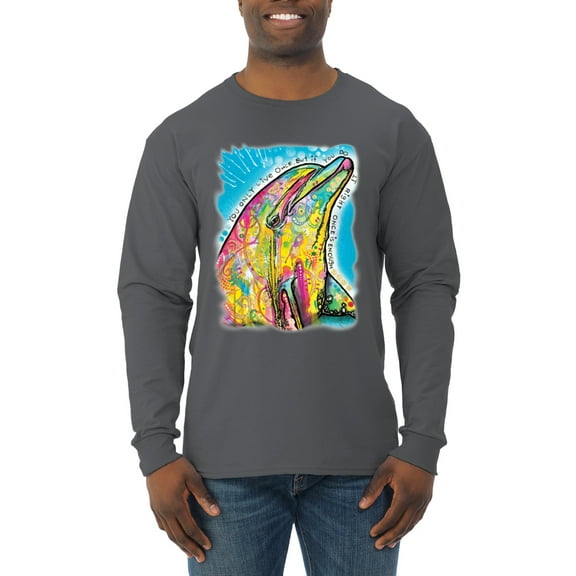 Wild Bobby Dean Russo Neon Colorfu Dolphin Animal Lover Men Long Sleeve Shirt, Charcoal, Medium