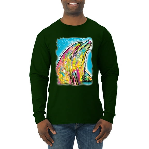 Wild Bobby Dean Russo Neon Colorfu Dolphin Animal Lover Men Long Sleeve Shirt, Forest Green, Medium