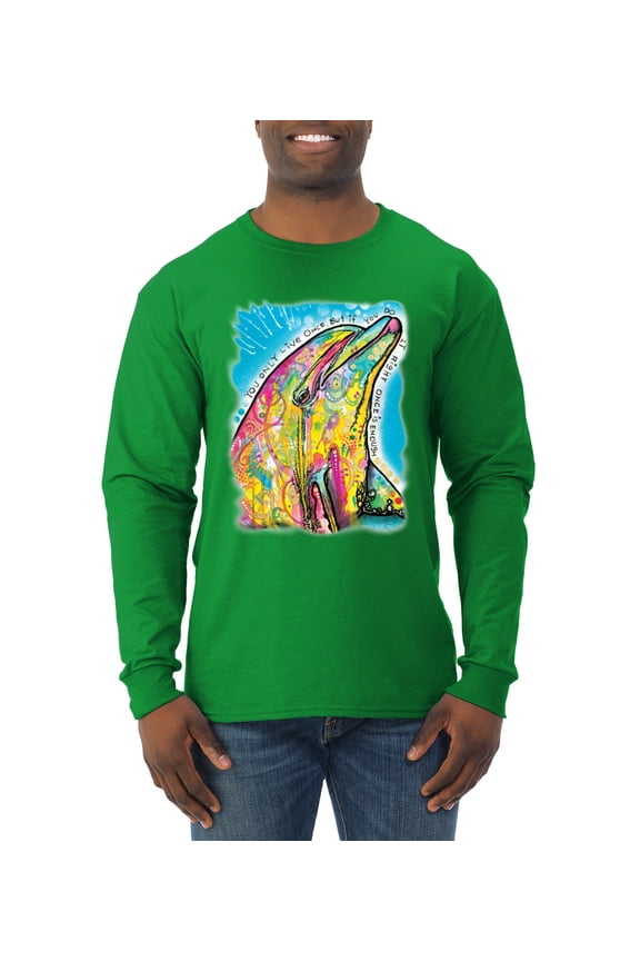 Dean Russo Neon Colorfu Dolphin Animal Lover Men Long Sleeve Shirt, Kelly, Medium