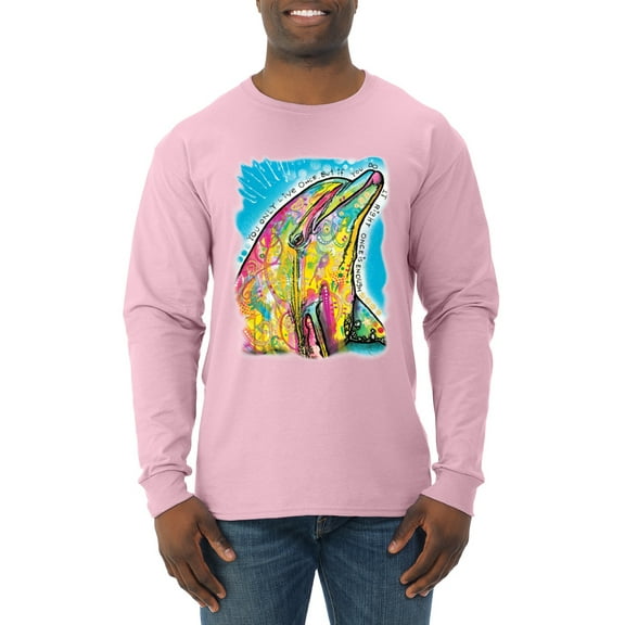 Wild Bobby Dean Russo Neon Colorfu Dolphin Animal Lover Men Long Sleeve Shirt, Light Pink, Large