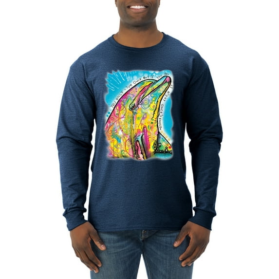 Wild Bobby Dean Russo Neon Colorfu Dolphin Animal Lover Men Long Sleeve Shirt, Vintage Heather Navy, XX-Large