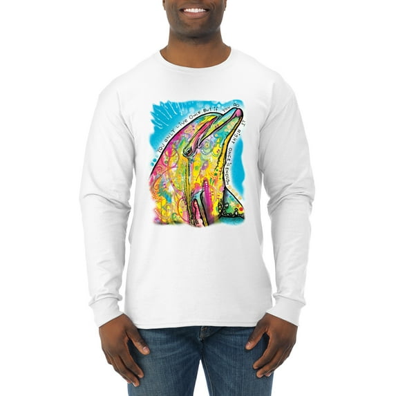 Wild Bobby Dean Russo Neon Colorfu Dolphin Animal Lover Men Long Sleeve Shirt, White, Small