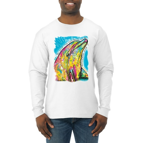 Wild Bobby Dean Russo Neon Colorfu Dolphin Animal Lover Men Long Sleeve Shirt, White, X-Large