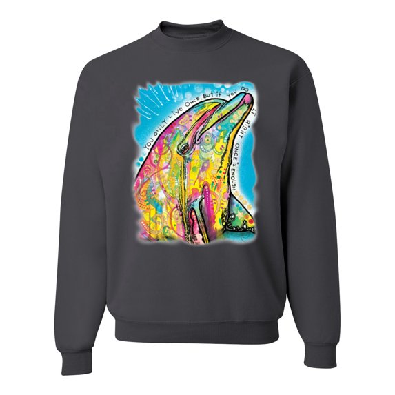 Wild Bobby Dean Russo Neon Colorfu Dolphin Animal Lover Unisex Crewneck Graphic Sweatshirt, Charcoal, Medium