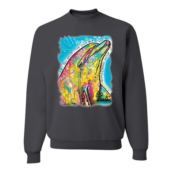 Wild Bobby Dean Russo Neon Colorfu Dolphin Animal Lover Unisex Crewneck Graphic Sweatshirt, Charcoal, X-Large