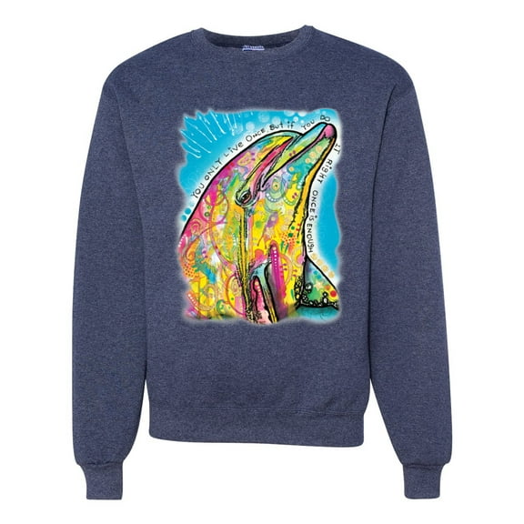 Wild Bobby Dean Russo Neon Colorfu Dolphin Animal Lover Unisex Crewneck Graphic Sweatshirt, Vintage Heather Navy, XX-Large