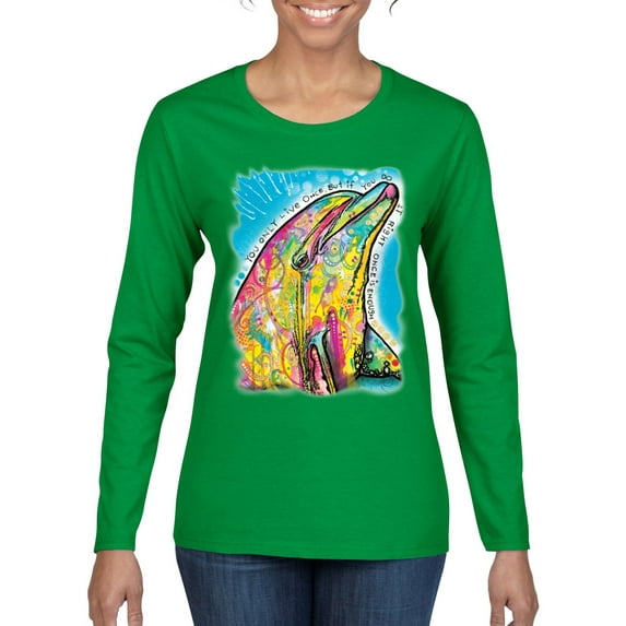 Wild Bobby Dean Russo Neon Colorfu Dolphin Animal Lover Women Graphic Long Sleeve Tee, Kelly, Small