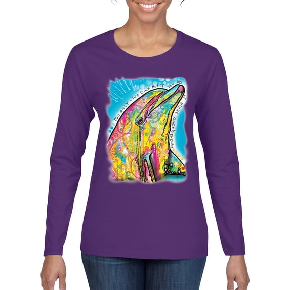 Wild Bobby Dean Russo Neon Colorfu Dolphin Animal Lover Women Graphic Long Sleeve Tee, Purple, Small