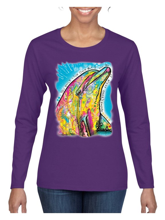 , Dean Russo Neon Colorfu Dolphin Animal Lover Women Graphic Long Sleeve Tee, Purple, X-Large