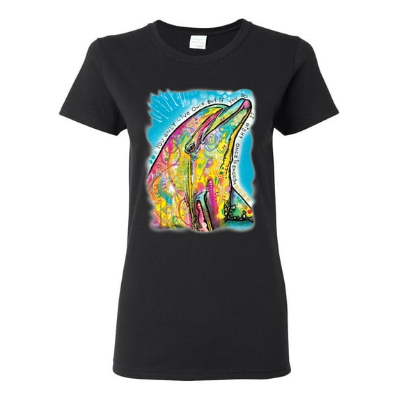 Wild Bobby Dean Russo Neon Colorfu Dolphin Animal Lover Women Graphic Tee, Black, Small