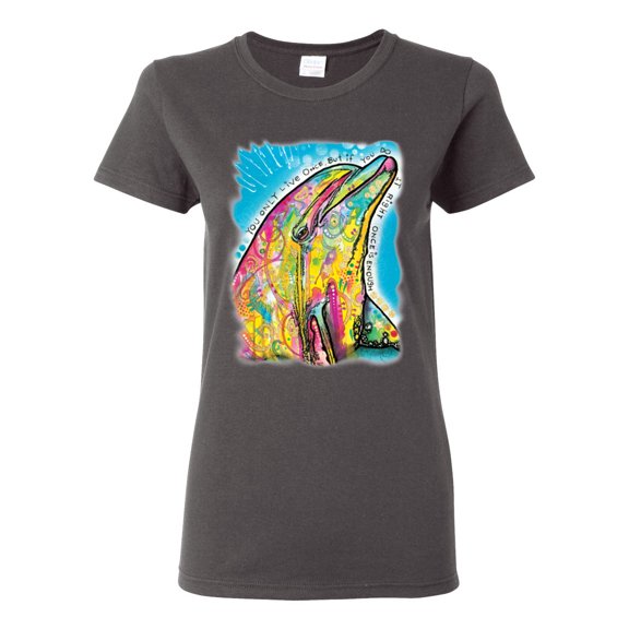 Wild Bobby Dean Russo Neon Colorfu Dolphin Animal Lover Women Graphic Tee, Charcoal, 3X-Large