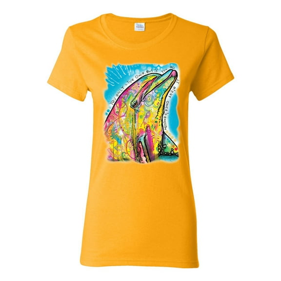 Wild Bobby Dean Russo Neon Colorfu Dolphin Animal Lover Women Graphic Tee, Gold, X-Large