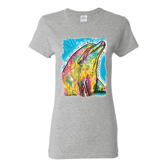 Wild Bobby Dean Russo Neon Colorfu Dolphin Animal Lover Women Graphic Tee, Heather Grey, Large