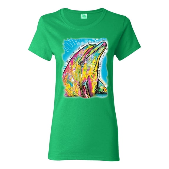 Wild Bobby Dean Russo Neon Colorfu Dolphin Animal Lover Women Graphic Tee, Kelly, X-Large