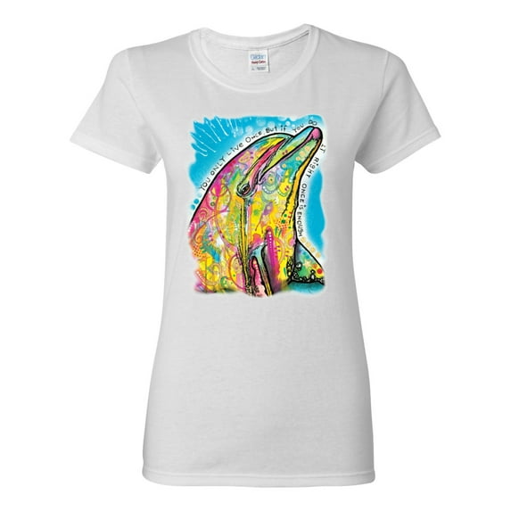 Wild Bobby Dean Russo Neon Colorfu Dolphin Animal Lover Women Graphic Tee, White, 3X-Large