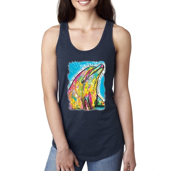 Wild Bobby Dean Russo Neon Colorfu Dolphin Animal Lover Women Racerback Tank Top, Navy, Medium