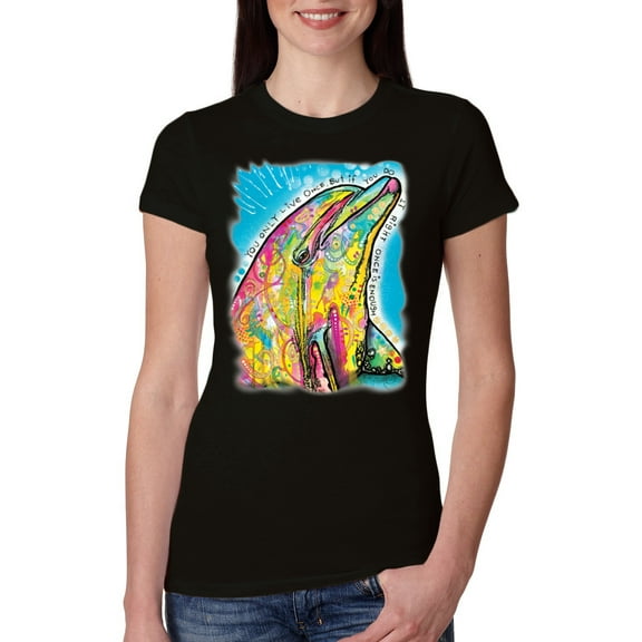 Wild Bobby Dean Russo Neon Colorfu Dolphin Animal Lover Women Slim Fit Junior Tee, Black, Small