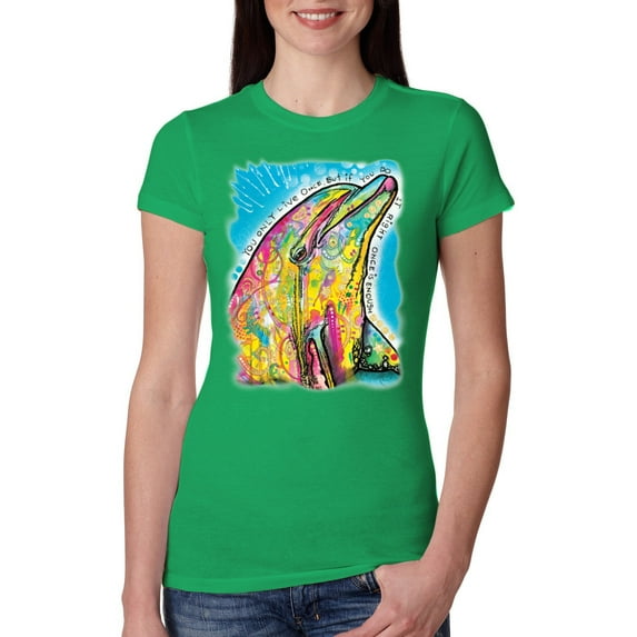 Wild Bobby Dean Russo Neon Colorfu Dolphin Animal Lover Women Slim Fit Junior Tee, Kelly, Medium