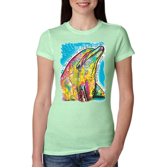Wild Bobby Dean Russo Neon Colorfu Dolphin Animal Lover Women Slim Fit Junior Tee, Mint, XX-Large