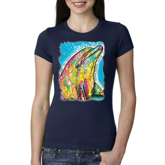 Wild Bobby Dean Russo Neon Colorfu Dolphin Animal Lover Women Slim Fit Junior Tee, Navy, Small