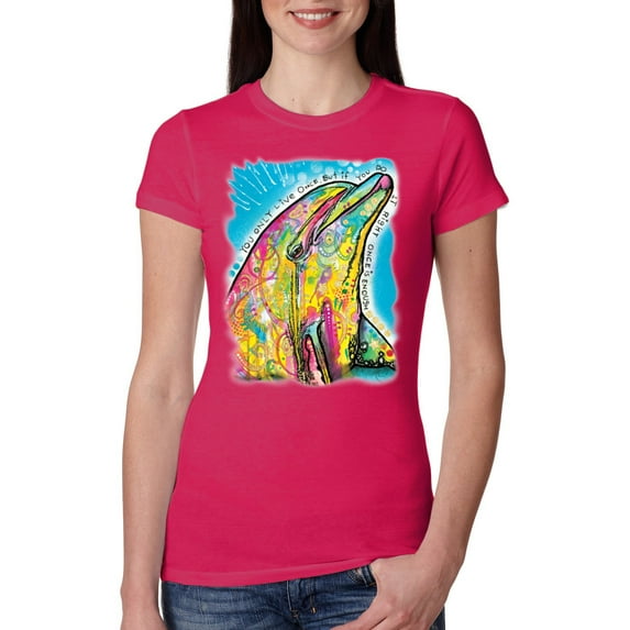 Wild Bobby, Dean Russo Neon Colorfu Dolphin Animal Lover Women Slim Fit Junior Tee, Raspberry, XX-Large