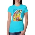 thumbnail image 1 of Wild Bobby Dean Russo Neon Colorfu Dolphin Animal Lover Women Slim Fit Junior Tee, Tahiti Blue, Small, 1 of 5