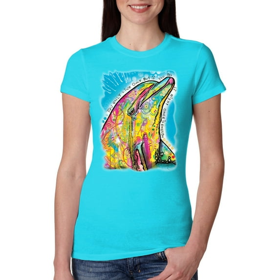 Wild Bobby Dean Russo Neon Colorfu Dolphin Animal Lover Women Slim Fit Junior Tee, Tahiti Blue, Small
