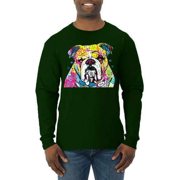 Wild Bobby Dean Russo Neon Colorful Pug Dog The Bulldog Dog Lover Men Long Sleeve Shirt, Forest Green, Medium