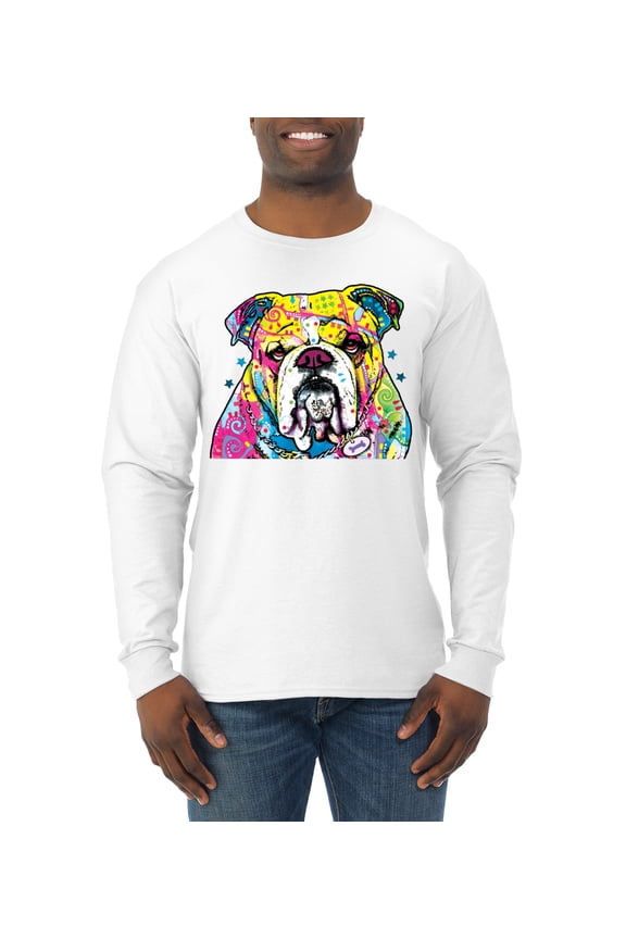 , Dean Russo Neon Colorful Pug Dog The Bulldog Dog Lover Men Long Sleeve Shirt, White, Large