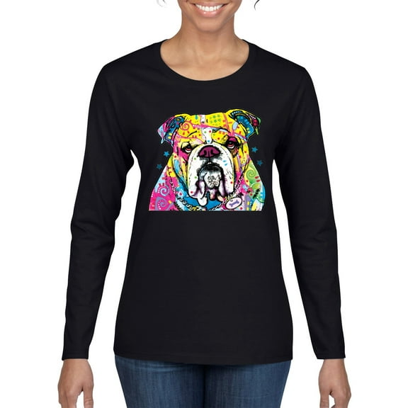 Wild Bobby Dean Russo Neon Colorful Pug Dog The Bulldog Dog Lover Women Graphic Long Sleeve Tee, Black, Small
