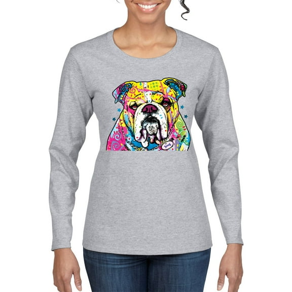 Wild Bobby Dean Russo Neon Colorful Pug Dog The Bulldog Dog Lover Women Graphic Long Sleeve Tee, Heather Grey, Large