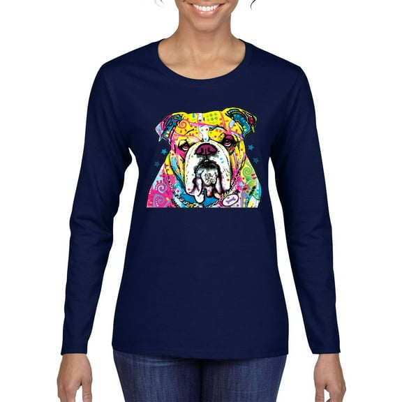 Wild Bobby Dean Russo Neon Colorful Pug Dog The Bulldog Dog Lover Women Graphic Long Sleeve Tee, Navy, Medium