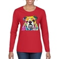 thumbnail image 1 of Wild Bobby Dean Russo Neon Colorful Pug Dog The Bulldog Dog Lover Women Graphic Long Sleeve Tee, Red, Small, 1 of 5