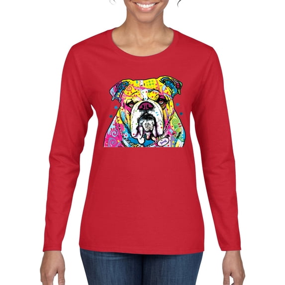 Wild Bobby Dean Russo Neon Colorful Pug Dog The Bulldog Dog Lover Women Graphic Long Sleeve Tee, Red, XX-Large