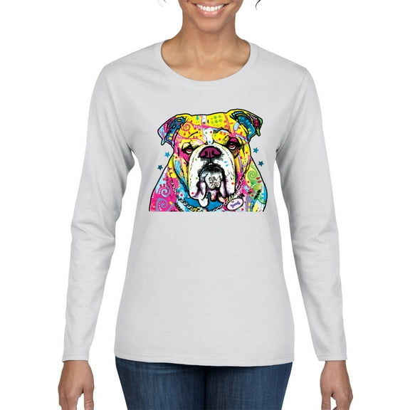 Wild Bobby Dean Russo Neon Colorful Pug Dog The Bulldog Dog Lover Women Graphic Long Sleeve Tee, White, X-Large