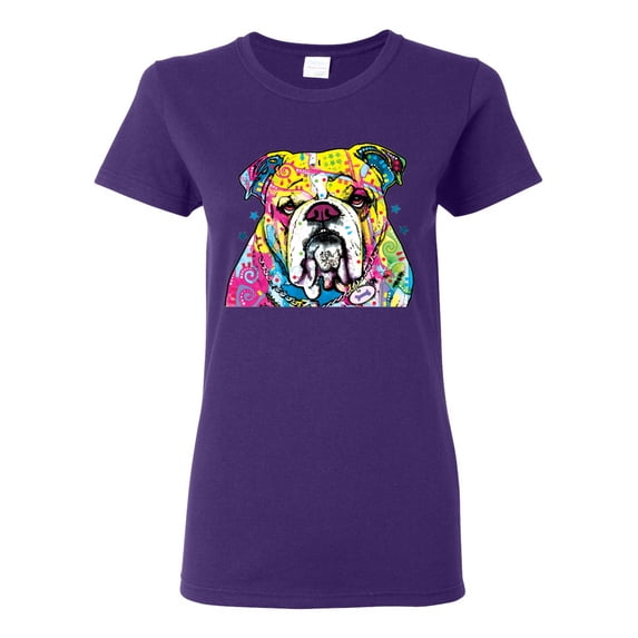 Wild Bobby Dean Russo Neon Colorful Pug Dog The Bulldog Dog Lover Women Graphic Tee, Purple, Large