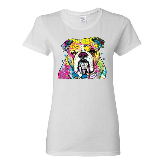 Wild Bobby Dean Russo Neon Colorful Pug Dog The Bulldog Dog Lover Women Graphic Tee, White, Small