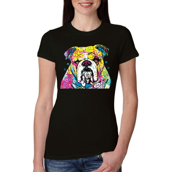 Wild Bobby Dean Russo Neon Colorful Pug Dog The Bulldog Dog Lover Women Slim Fit Junior Tee, Black, Small