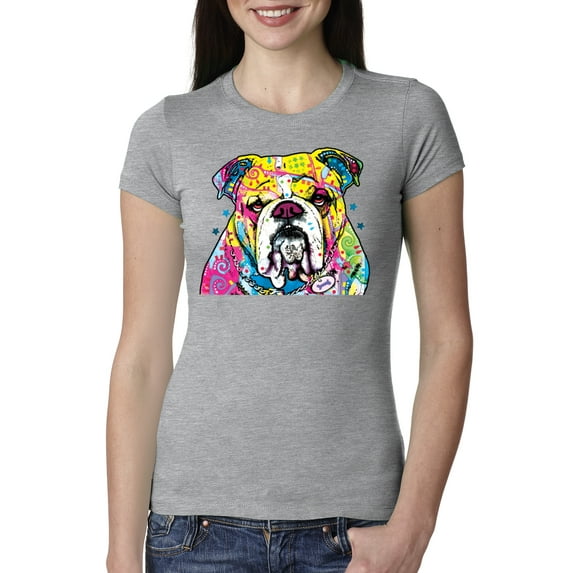 Wild Bobby Dean Russo Neon Colorful Pug Dog The Bulldog Dog Lover Women Slim Fit Junior Tee, Heather Grey, Medium