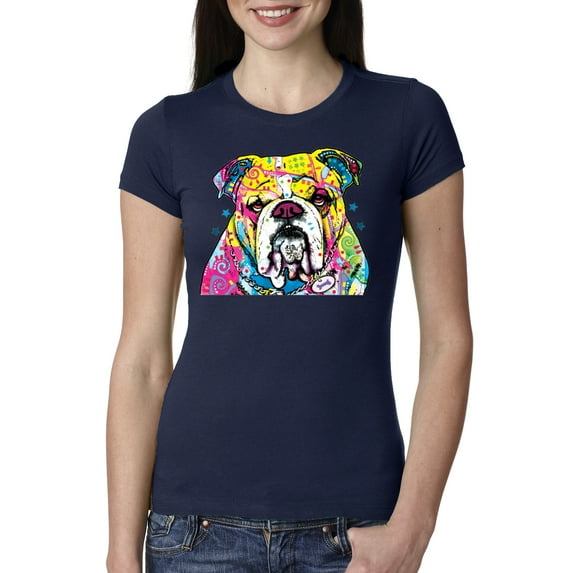 Wild Bobby Dean Russo Neon Colorful Pug Dog The Bulldog Dog Lover Women Slim Fit Junior Tee, Navy, Medium