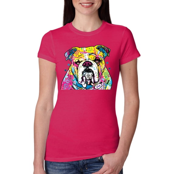 Wild Bobby Dean Russo Neon Colorful Pug Dog The Bulldog Dog Lover Women Slim Fit Junior Tee, Raspberry, Large