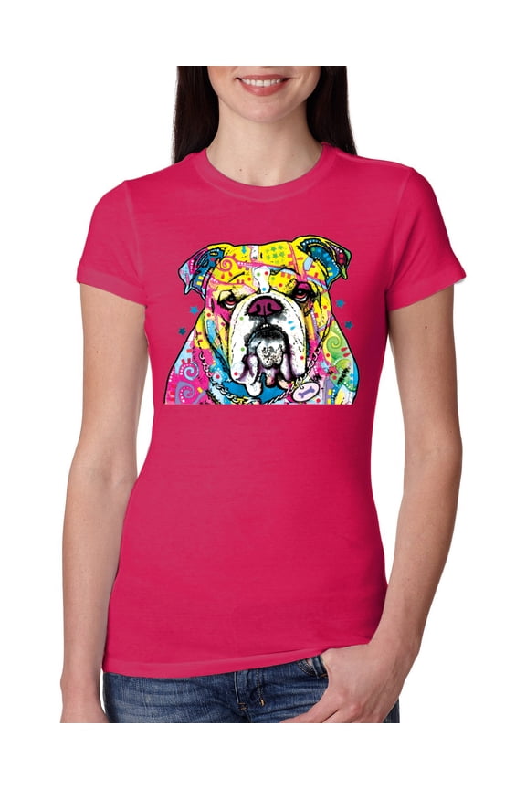 , Dean Russo Neon Colorful Pug Dog The Bulldog Dog Lover Women Slim Fit Junior Tee, Raspberry, Small