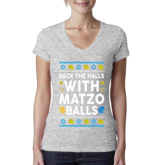 Wild Bobby Deck The Halls With Matzo Balls Hanukkah Sweater | Holiday Women Junior Fit V-Neck Tee