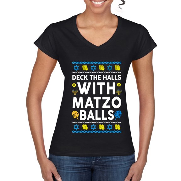 Wild Bobby Deck The Halls With Matzo Balls Hanukkah Sweater | Holiday Women Standard V-Neck Tee