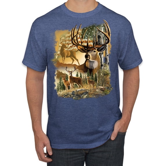 Wild Bobby Deers in Mountains Patriotic American Flag Hunting Animal Lover Unisex Men Tee